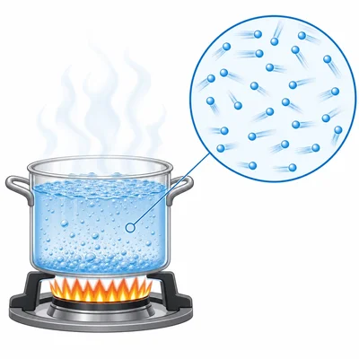 Water heating in a pot with fast-moving particles shown in a magnified view.