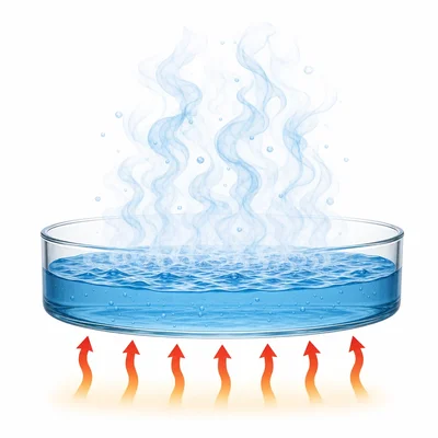 Liquid water evaporating into vapor while absorbing heat energy.