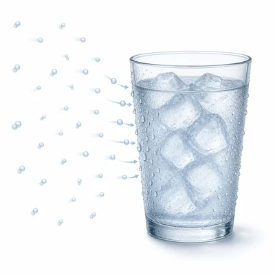 Water vapor forming liquid droplets on the outside of a cold glass.