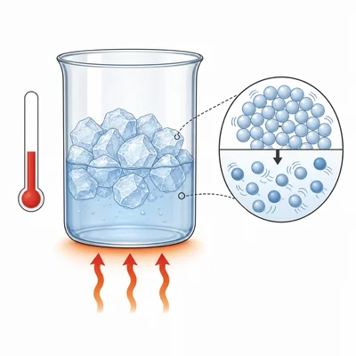 Ice melting in a heated beaker while particles loosen and the thermometer level stays unchanged.