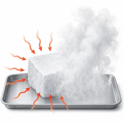 Dry ice changing directly from solid to gas while absorbing energy.