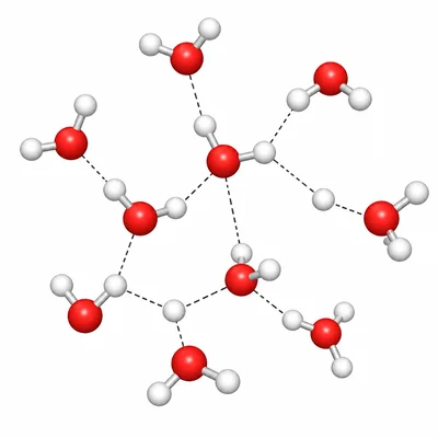 Water molecules connected by dashed hydrogen bonds.