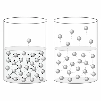 A liquid with stronger attractions keeps molecules clustered compared with a weak-attraction liquid.