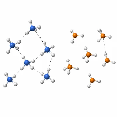 Ammonia molecules form hydrogen bonds, while phosphine molecules do not.