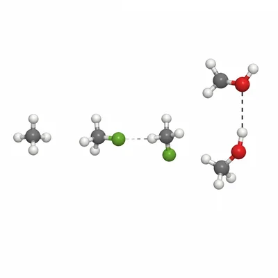Methane, chloromethane, and methanol shown with increasingly stronger intermolecular attractions.