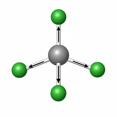 Symmetric tetrahedral carbon tetrachloride molecule with bond dipoles canceling.