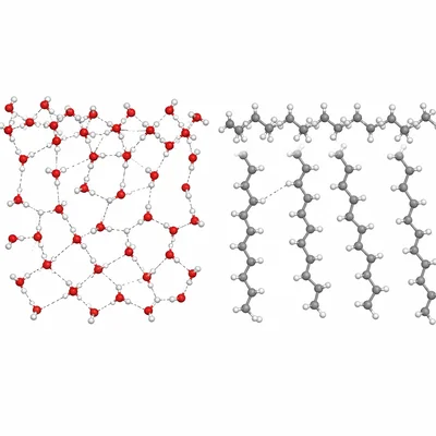 Water surface has a strong hydrogen-bond network, unlike hexane with weak attractions.