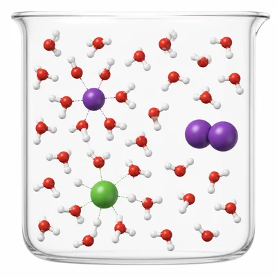 Water molecules surround dissolved ions, while iodine remains separate.