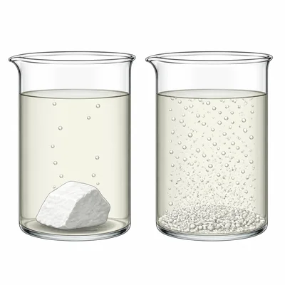 Comparison of a calcium carbonate chunk and powder reacting in acid, with more bubbles from the powder.