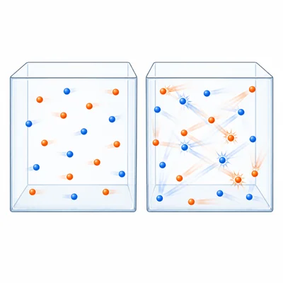 Molecules moving slowly at lower temperature and faster with more collisions at higher temperature.