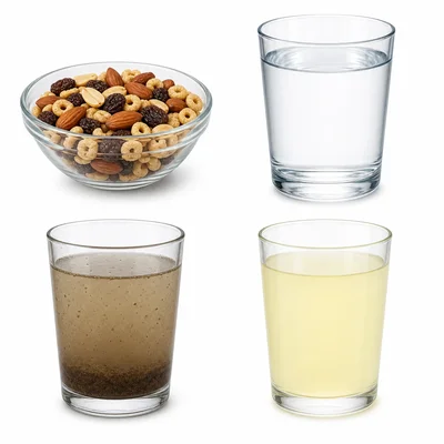 Four examples of mixtures and solutions: trail mix, salt water, muddy water, and lemonade.
