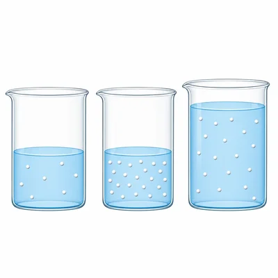 Three beakers show different salt concentrations using particle density in water.