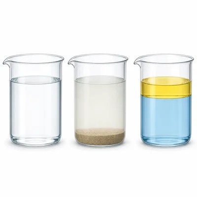 Three beakers showing clear salt water, sand settled in water, and oil floating on water.