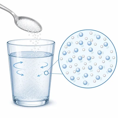 Sugar crystals being added to water and dissolving into evenly spread particles.