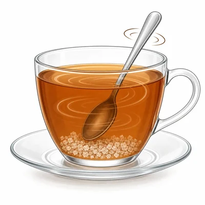 Sugar crystals remain at the bottom of stirred tea, showing not all sugar dissolved.