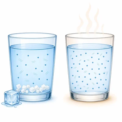 Cool water with undissolved sugar compared with warm water where sugar dissolves more fully.