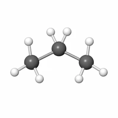 Ball-and-stick model of a three-carbon propane molecule.