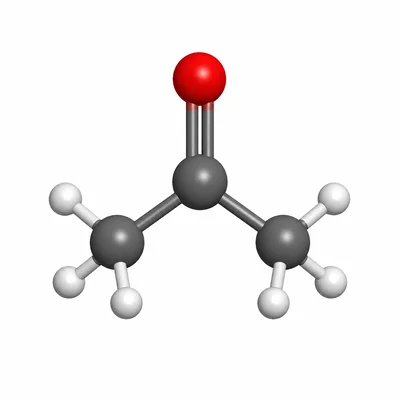 Ball-and-stick model of acetone with a central carbonyl group.
