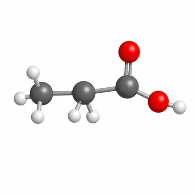 Ball-and-stick model of a three-carbon carboxylic acid with a carboxyl group.