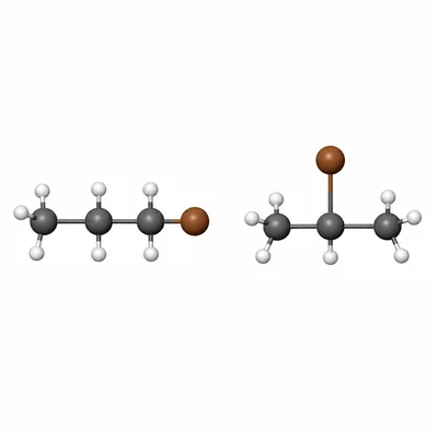 Two bromopropane isomers showing bromine on an end carbon and on the middle carbon.