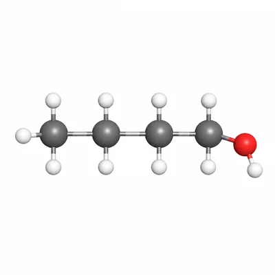 Ball-and-stick model of a four-carbon alcohol with an end hydroxyl group.