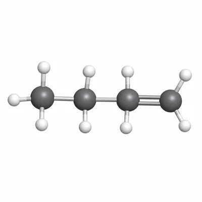 Ball-and-stick model of a four-carbon alkene with a terminal double bond.
