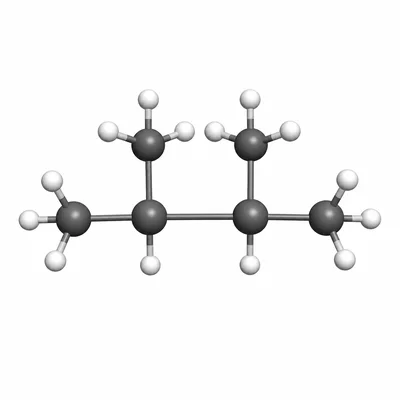 Ball-and-stick model of a branched alkane with methyl groups on two adjacent middle carbons.