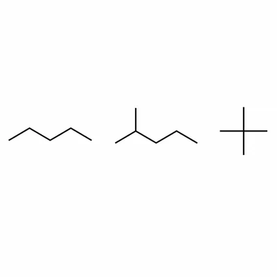 Three skeletal structures showing the three structural isomers of pentane.