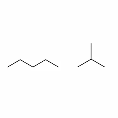 Two skeletal structures showing straight-chain butane and branched isobutane.