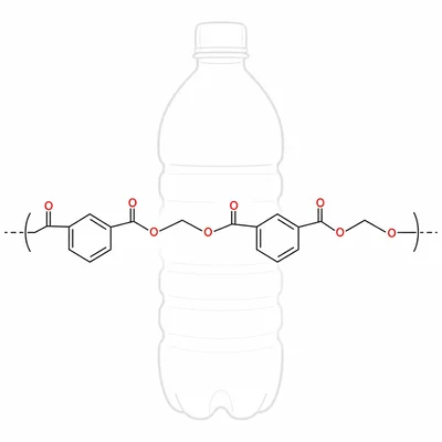 A PET polyester chain segment with benzene rings and ester linkages, shown with a faint bottle outline.