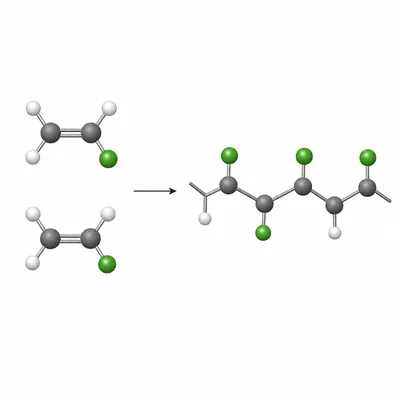Vinyl chloride monomers forming a PVC chain with chlorine atoms on alternating carbons.