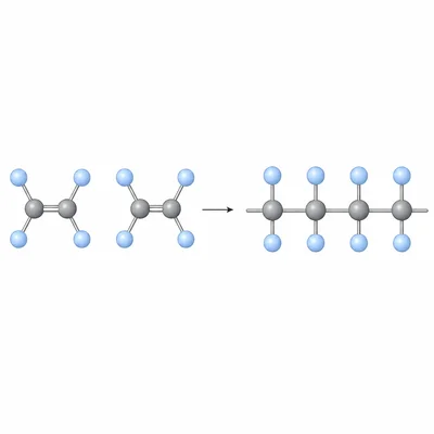 Tetrafluoroethene monomers forming a PTFE chain with fluorine atoms around the carbon backbone.