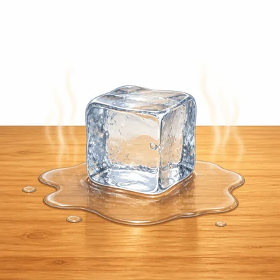 An ice cube melting into a puddle of water on a table.