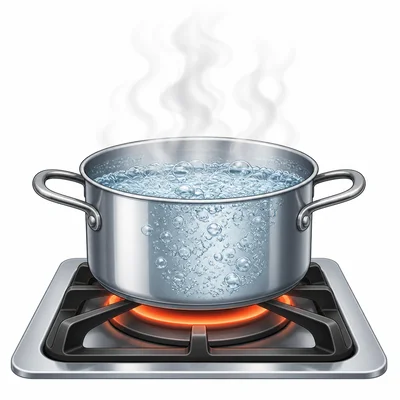 Water boiling in a pot with steam rising.