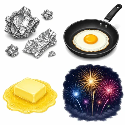Four examples of changes: torn foil, frying egg, melting butter, and fireworks.