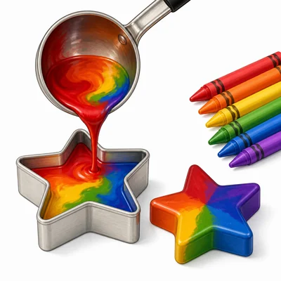 Melted crayon poured into a star mold and cooled into a solid star shape.