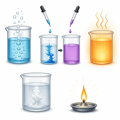 Common signs of chemical change shown as bubbles, color change, heat, solid formation, and light.