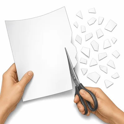 Scissors cutting paper into many small pieces.