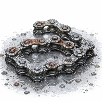 A wet bicycle chain with reddish rust forming on the metal links.