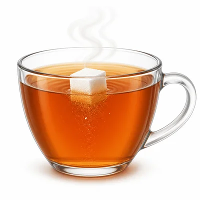 A sugar cube dissolving in a steaming cup of tea.