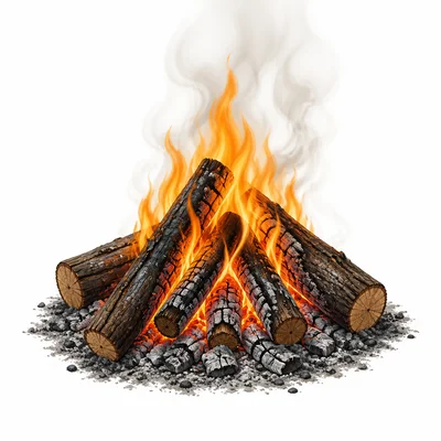 Wood burning in a campfire with flames, smoke, embers, and ash.