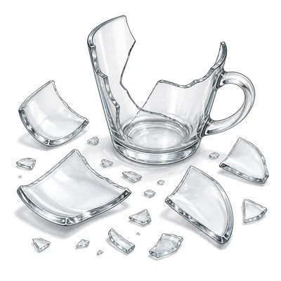 A glass cup broken into several pieces on the floor.