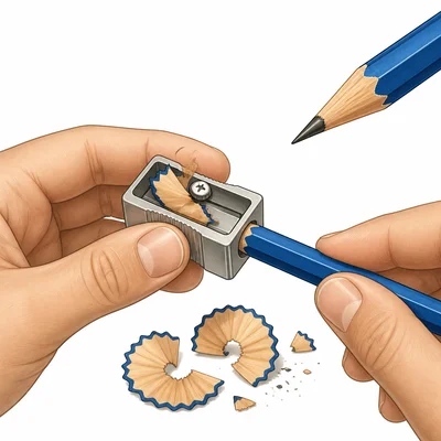 A pencil being sharpened with wood shavings around it.