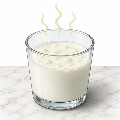 Milk left out with a sour smell suggested by wavy lines.