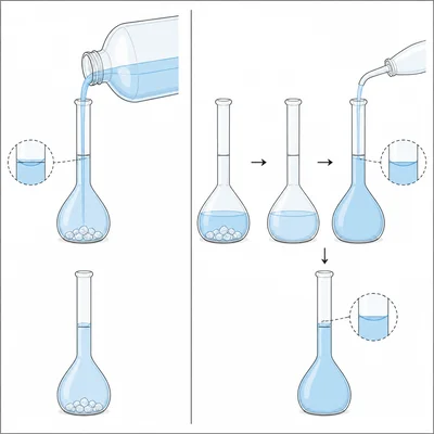 Comparison of overfilling a flask versus correctly filling to the final volume mark after dissolving solute.