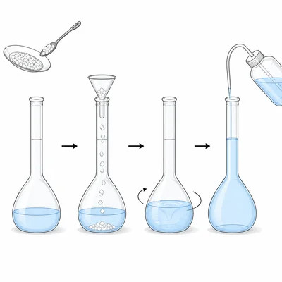 Diagram showing solid dissolving in some water before the solution is diluted to the flask mark.