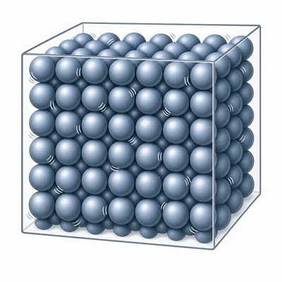 Particles in a solid packed in a fixed pattern with small vibration marks.