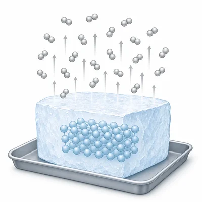 Dry ice particles change directly from a solid block into gas particles rising upward.