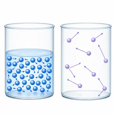 Liquid particles close together and gas particles far apart with motion arrows.