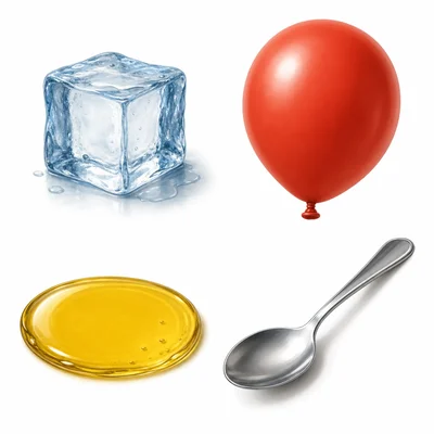Ice cube, party balloon, cooking oil, and metal spoon shown as examples of matter.